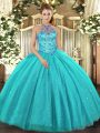 Pretty Aqua Blue Lace Up Halter Top Beading and Embroidery 15 Quinceanera Dress Tulle Sleeveless