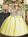 Floor Length Ball Gowns Sleeveless Yellow Quinceanera Gowns Lace Up