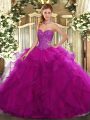 Beautiful Sleeveless Floor Length Beading and Ruffles Lace Up Vestidos de Quinceanera with Fuchsia