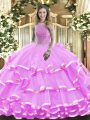 Sleeveless Floor Length Beading and Ruffled Layers Lace Up Sweet 16 Dress with Lilac