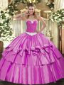 Dazzling Lilac Ball Gowns Organza and Taffeta Sweetheart Sleeveless Appliques and Ruffled Layers Floor Length Lace Up Sweet 16 Dress