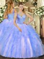 Suitable V-neck Sleeveless Lace Up Quinceanera Dresses Blue Tulle