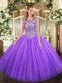 Cute Scoop Sleeveless Tulle 15 Quinceanera Dress Beading Lace Up