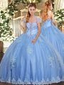 Light Blue Ball Gowns Tulle Strapless Sleeveless Beading and Appliques Floor Length Lace Up 15th Birthday Dress