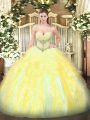 Floor Length Gold Quince Ball Gowns Tulle Sleeveless Beading and Ruffles