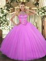 Delicate Floor Length Lace Up Quinceanera Dress Lilac for Military Ball and Sweet 16 and Quinceanera with Beading