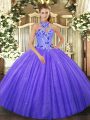 Fashion Purple Sleeveless Tulle Lace Up Quinceanera Dress for Military Ball and Sweet 16