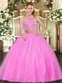 Dramatic Hot Pink Halter Top Criss Cross Beading Quinceanera Gown Sleeveless