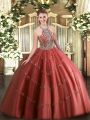 Affordable Wine Red Sleeveless Beading and Appliques Floor Length Quinceanera Dress