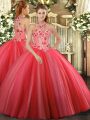 Simple Coral Red Halter Top Lace Up Embroidery Quinceanera Dresses Sleeveless