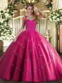 Inexpensive Hot Pink Ball Gowns Halter Top Sleeveless Tulle Floor Length Lace Up Appliques Sweet 16 Dress