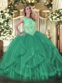 Top Selling Floor Length Turquoise Ball Gown Prom Dress Tulle Sleeveless Beading and Ruffles