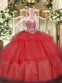 Sleeveless Floor Length Beading and Ruffled Layers Lace Up Sweet 16 Quinceanera Dress with Red