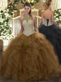 Inexpensive Floor Length Ball Gowns Sleeveless Brown Quinceanera Dresses Lace Up