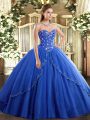 Adorable Sleeveless Appliques and Embroidery Lace Up Sweet 16 Dresses with Blue Brush Train