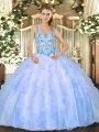 Straps Sleeveless Organza Ball Gown Prom Dress Beading and Ruffles Lace Up