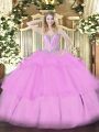 Captivating Floor Length Lilac Ball Gown Prom Dress Tulle Sleeveless Beading and Ruffled Layers