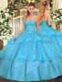Exceptional Aqua Blue Tulle Lace Up 15th Birthday Dress Sleeveless Floor Length Beading and Ruffled Layers