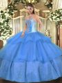 Colorful Baby Blue Ball Gowns Beading and Ruffled Layers Vestidos de Quinceanera Lace Up Tulle Sleeveless Floor Length