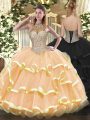 Halter Top Sleeveless Quince Ball Gowns Floor Length Beading and Ruffled Layers Peach Organza