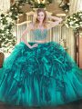 Chic Beading and Ruffles Quinceanera Gown Teal Lace Up Sleeveless Floor Length