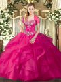 Tulle Sweetheart Sleeveless Lace Up Beading and Ruffles Quince Ball Gowns in Hot Pink