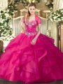 Tulle Sweetheart Sleeveless Lace Up Beading and Ruffles Quince Ball Gowns in Hot Pink