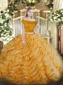Orange Off The Shoulder Neckline Appliques and Ruffled Layers Quinceanera Dresses Short Sleeves Zipper