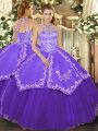 Elegant Floor Length Purple Quince Ball Gowns Halter Top Sleeveless Lace Up