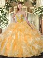 Affordable Sleeveless Organza Floor Length Lace Up 15th Birthday Dress in Orange with Beading and Ruffles