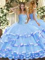 Custom Fit Aqua Blue Ball Gowns Sweetheart Sleeveless Organza Floor Length Lace Up Beading and Ruffled Layers 15 Quinceanera Dress