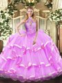 Smart Lilac Sweet 16 Quinceanera Dress Military Ball and Sweet 16 and Quinceanera with Beading Halter Top Sleeveless Lace Up