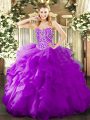 Purple Organza Lace Up Sweetheart Sleeveless Floor Length Quince Ball Gowns Beading and Ruffles