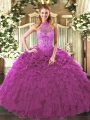 Fuchsia Sleeveless Floor Length Embroidery and Ruffles Lace Up Quince Ball Gowns