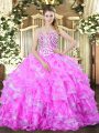 Sleeveless Floor Length Beading and Ruffled Layers Lace Up Quinceanera Gown with Lilac