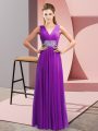 Enchanting Purple Empire Chiffon V-neck Sleeveless Beading and Ruching Floor Length Side Zipper Prom Party Dress