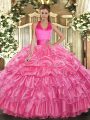Great Rose Pink Lace Up Halter Top Ruffled Layers and Pick Ups Quinceanera Gowns Organza Sleeveless