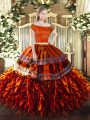 Clearance Rust Red Short Sleeves Organza Zipper Quinceanera Gown for Military Ball and Sweet 16 and Quinceanera