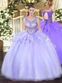Lavender Sleeveless Floor Length Beading Lace Up Ball Gown Prom Dress