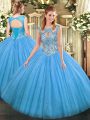 Admirable Tulle Scoop Sleeveless Lace Up Beading Quinceanera Gown in Baby Blue