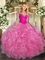 Rose Pink Long Sleeves Lace and Ruffles Floor Length Quince Ball Gowns