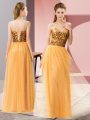 Sweetheart Sleeveless Prom Dress Floor Length Sequins Gold Tulle
