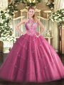 Hot Pink Sleeveless Tulle Lace Up Sweet 16 Dress for Military Ball and Sweet 16 and Quinceanera