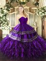 Organza and Taffeta Sleeveless Floor Length 15 Quinceanera Dress and Embroidery and Ruffles