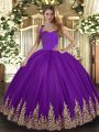 Custom Designed Purple Sleeveless Floor Length Appliques Lace Up Quinceanera Gowns