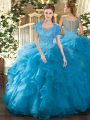 Best Scoop Sleeveless Clasp Handle Sweet 16 Dress Teal Tulle