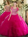 Adorable Sleeveless Floor Length Beading and Ruffled Layers Clasp Handle 15th Birthday Dress with Hot Pink