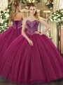 Customized Fuchsia Ball Gown Prom Dress Military Ball and Sweet 16 and Quinceanera with Beading Sweetheart Sleeveless Lace Up
