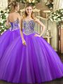 Suitable Lavender Lace Up Sweetheart Beading Sweet 16 Dresses Tulle Sleeveless