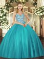Latest Teal Straps Neckline Beading and Ruffles Sweet 16 Quinceanera Dress Sleeveless Lace Up